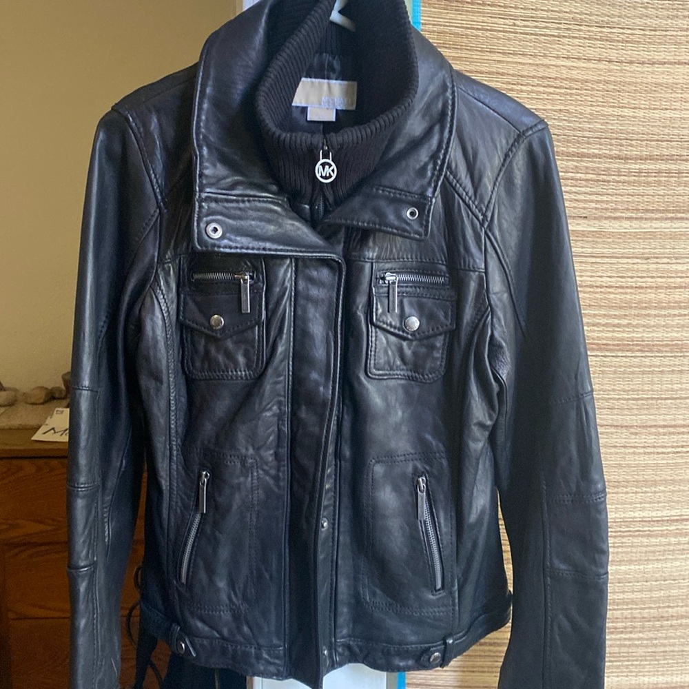 Michael Kors Ladies Black Leather Motorcycle Jacket LG large L